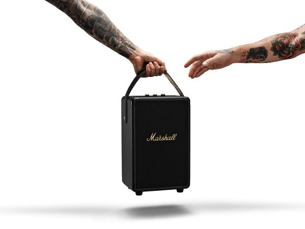 Marshall Tufton Portable Bluetooth Speaker with 20+ Hours of Portable Playtime, (360° Sound), Water-Resistant (IPX2) - Black & Brass.