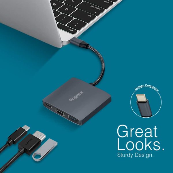 FINGERS TopNotch 3-in-1 Type-C USB Hub (1 x USB 3.0 + 1 x HDMI + 1 x USB Type-C (PD Charging) | Super Quick Data Transfer up to 5 Gbps) - Slate Grey