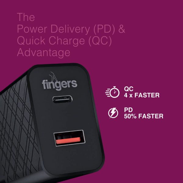 FINGERS PA-Fast-C20 Fast Charging Mobile Adapter with 20 W and Dual USB Ports [USB-A (Quick Charge) & Type-C (PD)] works well with iOS & Android devices - Classic Black