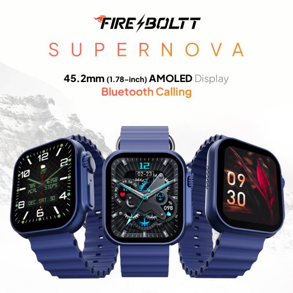 Fire-Boltt Supernova- 45.2mm AMOLED Display, 500 NITS Brightness, 368 * 448 px Resolution, Bluetooth Calling, 123 Sports Modes, Voice Assistant, Inbuilt Games (Blue)