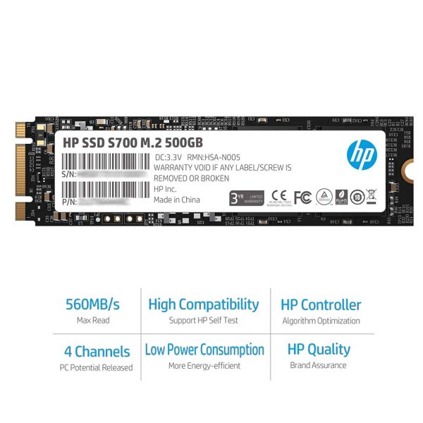 HP SSD S700 M.2 2280 500GB SATA III 3D TLC NAND Internal Solid State Drive (SSD), Black