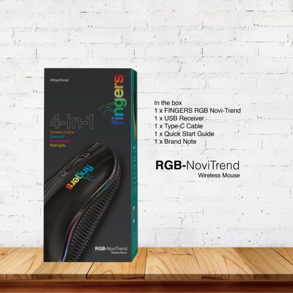 FINGERS RGB-NoviTrend Wireless Mouse (4-in-1 - Wireless with USB Receiver + Bluetooth + Rechargeable + RGB lights | Advanced Optical Technology)