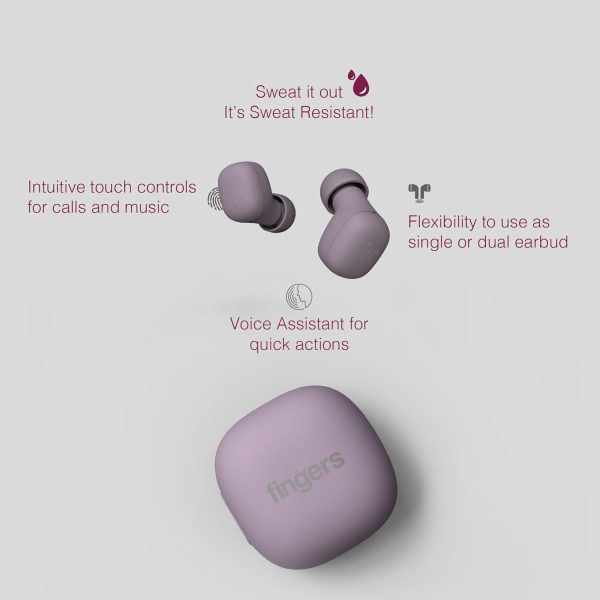 FINGERS SizeZero Pods2 World's Tiniest TWS Earbuds with 15-Hour Total Playtime, Quick Charge of 10 mins for 2-Hour Playtime, Built-in Mic with SNC™ Technology for Clear Calls (Lilac)