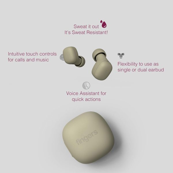 FINGERS SizeZero Pods2 World's Tiniest TWS Earbuds with 15-Hour Total Playtime, Quick Charge of 10 mins for 2-Hour Playtime, Built-in Mic with SNC™ Technology for Clear Calls (Sage Green)