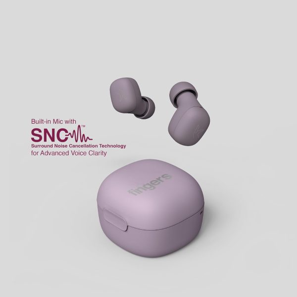 FINGERS SizeZero Pods2 World's Tiniest TWS Earbuds with 15-Hour Total Playtime, Quick Charge of 10 mins for 2-Hour Playtime, Built-in Mic with SNC™ Technology for Clear Calls (Lilac)