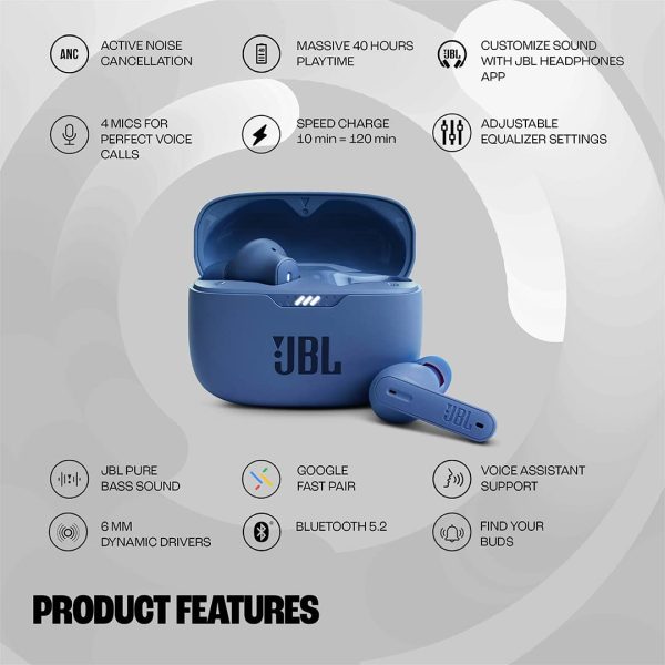 JBL Tune 230NC TWS, Active Noise Cancellation Earbuds with Mic, Massive 40 Hrs Playtime with Speed Charge, Adjustable EQ APP, 4Mics for Perfect Calls, Google Fast Pair, Bluetooth 5.2 (Blue)