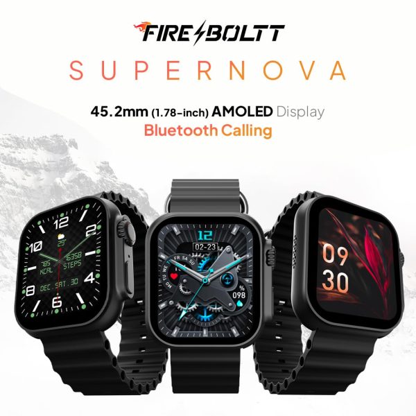 Fire-Boltt Supernova- 45.2mm AMOLED Display, 500 NITS Brightness, 368 * 448 px Resolution, Bluetooth Calling, 123 Sports Modes, Voice Assistant, Inbuilt Games (Black)