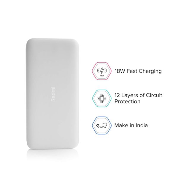 Redmi 20000mAh Power Bank, USB Type C, Micro USB Ports, Dual USB Output, 18W Fast Charging, Low Power Mode, (White)