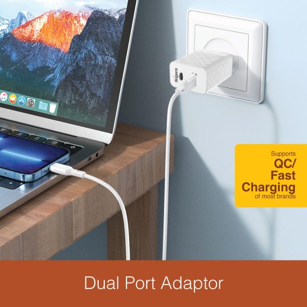 FINGERS PA-Fast-C20 Fast Charging Mobile Adapter with 27 W and Dual USB Ports [USB-A (Quick Charge) & Type-C (PD)] works well with iOS & Android devices - Classic White