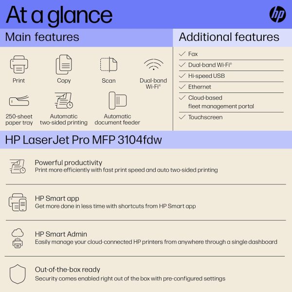 HP Laserjet 3104fdw Duplex Printer: Print, Copy, Scan, Self Reset Dual Band WiFi with self heal, Ethernet, Fast Printing Upto 33ppm, Easy and Secure Setup