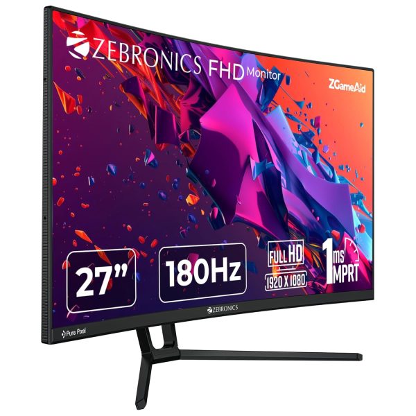 ZEBRONICS New Launch N27B 27"(68.5 cm) 1500R Curved Gaming Monitor, FHD 1920x1080, Antiglare Display, 300Nits, 180Hz, 1ms MPRT, HDR10, 99% sRGB, Adaptive Sync, 1 x DP | 1 x HDMI | 1 x 3.5mm