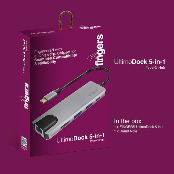 FINGERS UltimoDock 5-in-1 Type-C USB Hub (2 x USB 3.0, HDMI, Giga LAN, USB Type-C with PD Charging)