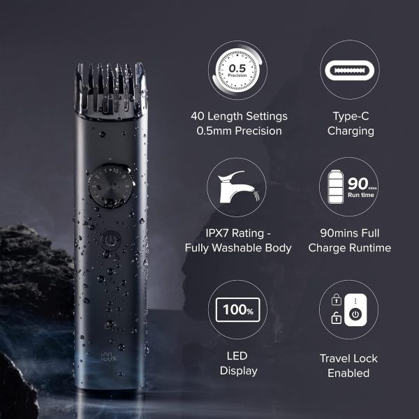 MI Xiaomi Corded + Cordless Beard Trimmer 2 with Type-C Fast Charging, LED Display, Waterproof, 40 Length Settings, Stainless Steel Blades, 90 mins Cordless Runtime, Travel Lock, Black