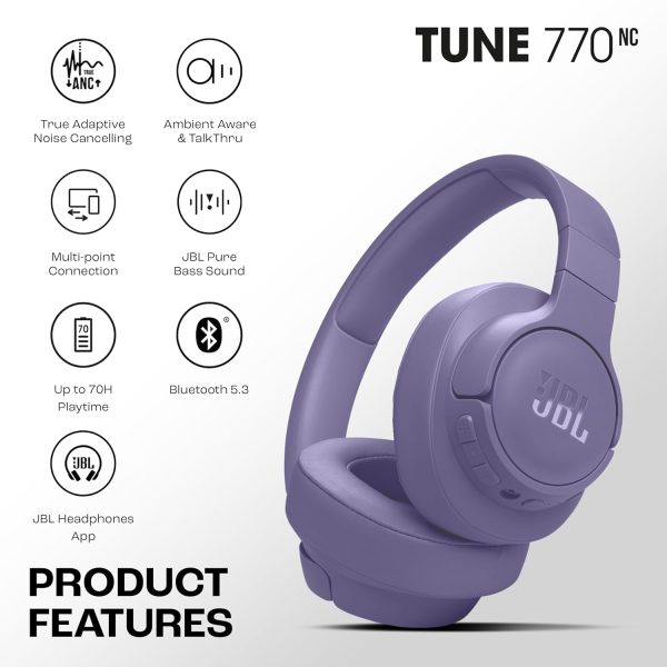 JBL Tune 770NC Wireless Over Ear ANC Headphones with Mic, Upto 70 Hrs Playtime, Speedcharge, Google Fast Pair, Dual Pairing, BT 5.3 LE Audio, Customize on Headphones App (Purple)