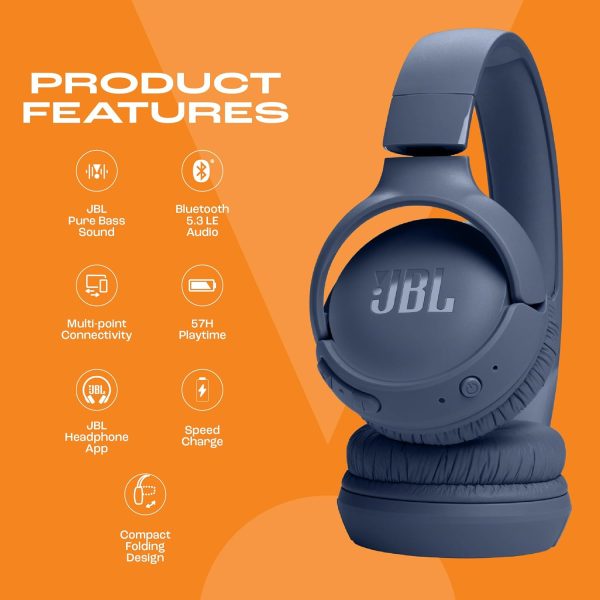 JBL Tune 520BT Wireless On Ear Headphones with Mic, Pure Bass Sound, Upto 57 Hrs Playtime, Speedcharge, Customizable Bass with Headphones App, Lightweight, Bluetooth 5.3 (Blue)