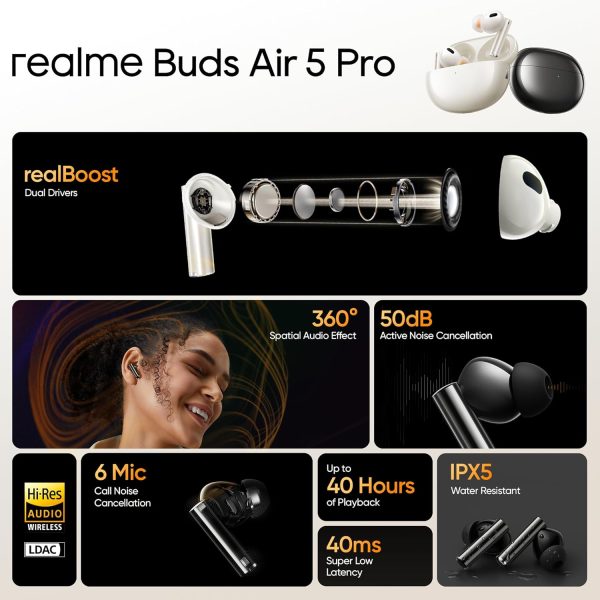 realme Buds Air 5 Pro Truly Wireless in-Ear Earbuds with 50dB ANC, realBoost Dual Coaxial Drivers, 360° Spatial Audio Effect, LDAC HD Audio, Upto 40Hrs Battery with Fast Charging (Astral Black)