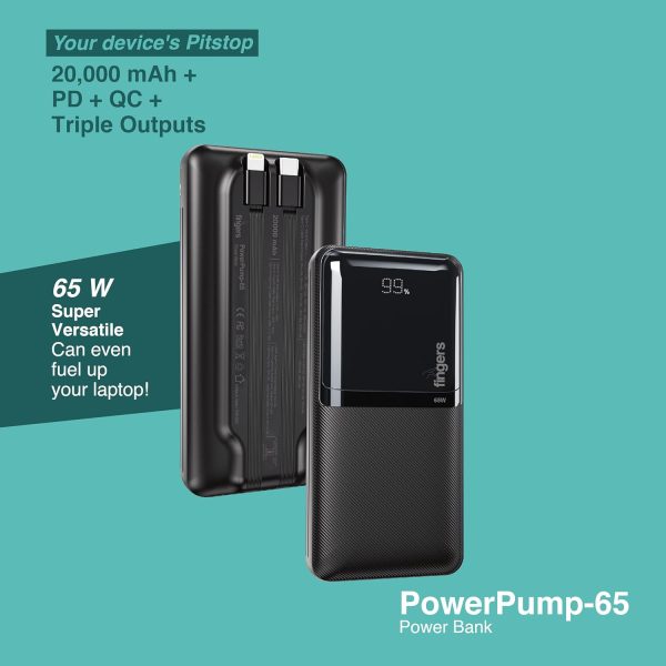 FINGERS PowerPump-65 Power Bank (20,000 mAh Li-Polymer, 65W Fast Charging, Quad Output, Built-in Type-C & Lightning Cables, Type-C with Power Delivery Technology & Quick Charge (QC)