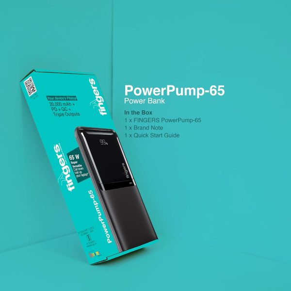 FINGERS PowerPump-65 Power Bank (20,000 mAh Li-Polymer, 65W Fast Charging, Quad Output, Built-in Type-C & Lightning Cables, Type-C with Power Delivery Technology & Quick Charge (QC)