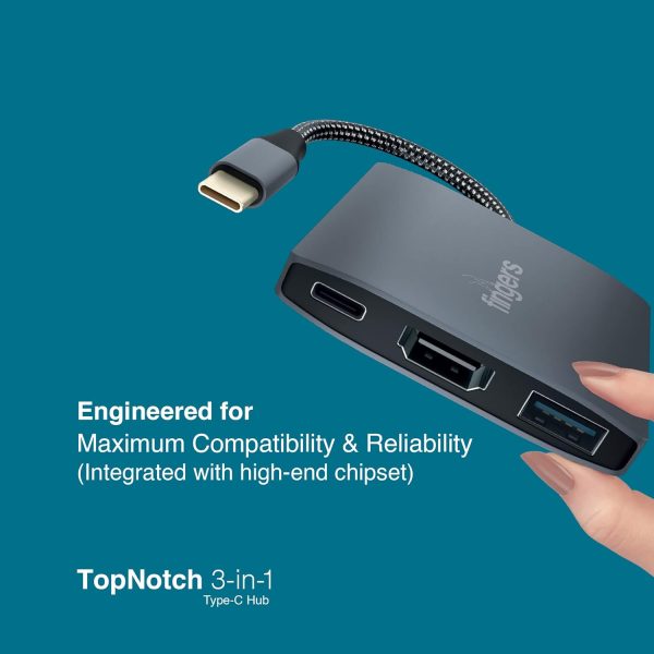 FINGERS TopNotch 3-in-1 Type-C USB Hub (1 x USB 3.0 + 1 x HDMI + 1 x USB Type-C (PD Charging) | Super Quick Data Transfer up to 5 Gbps) - Slate Grey