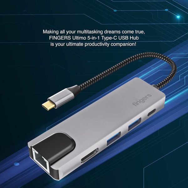 FINGERS UltimoDock 5-in-1 Type-C USB Hub (2 x USB 3.0, HDMI, Giga LAN, USB Type-C with PD Charging)