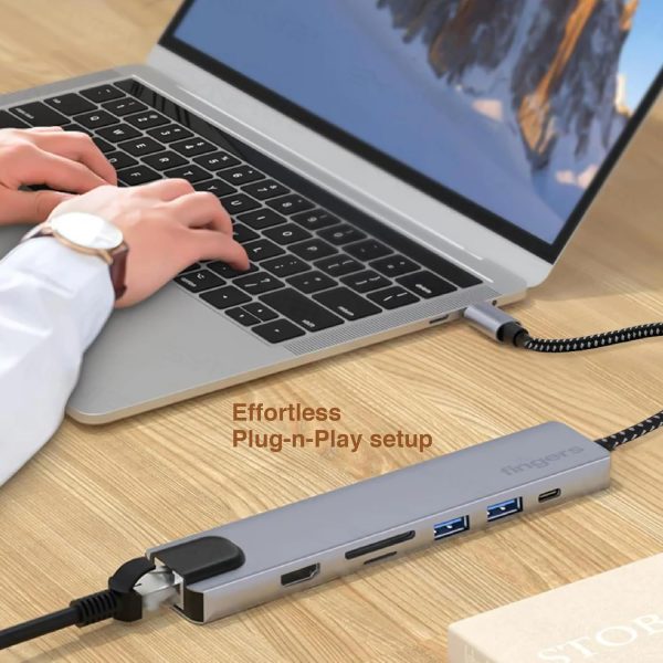 FINGERS Ultimo 7-in-1 Type-C USB Hub (2 x USB 3.0 + HDMI + Ethernet Giga LAN 10/100/1000M + USB Type-C (PD Charging up to 100 W & Data Transfer) + Micro SD Card + SD Card) - Space Grey