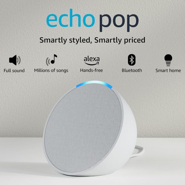 Echo Pop| Smart speaker with Alexa and Bluetooth| Loud sound, balanced bass, crisp vocals| White