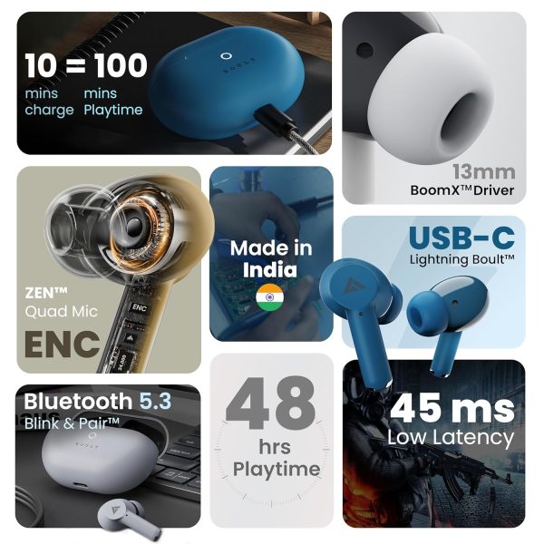 Boult Audio K40 True Wireless in Ear Earbuds with 48H Playtime, Clear Calling 4 Mics, 45ms Low Latency Gaming, Premium Grip, 13mm Bass Drivers, Type-C Fast Charging, BTv 5.3 Ear Buds TWS (Denim Blue)