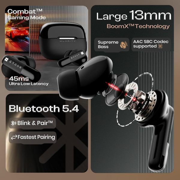 Boult Newly Launched Klarity 3 6-Mic Hybrid ANC (Upto 50dB) in Ear Earbuds, Spatial Audio, Dual Device Pairing, 50H Battery, Wind Noise Reduction 6 Mic Calling, 13mm Bass Driver TWS (Black)