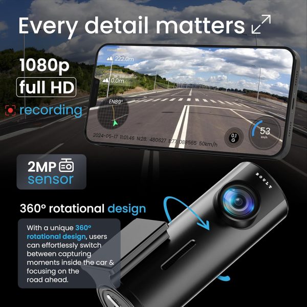 Boult Cruisecam X1 Dash Camera for Car | 1080p HD Recording | 170° Ultra-Wide Angle | 360° Rotation | App Control | Heat Resistant Supercapacitor Dashcam | Night Vision | G-Sensor | Easy DIY Dash Cam