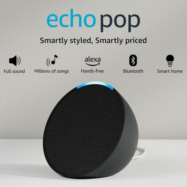 Echo Pop| Smart speaker with Alexa and Bluetooth| Loud sound, balanced bass, crisp vocals| Black