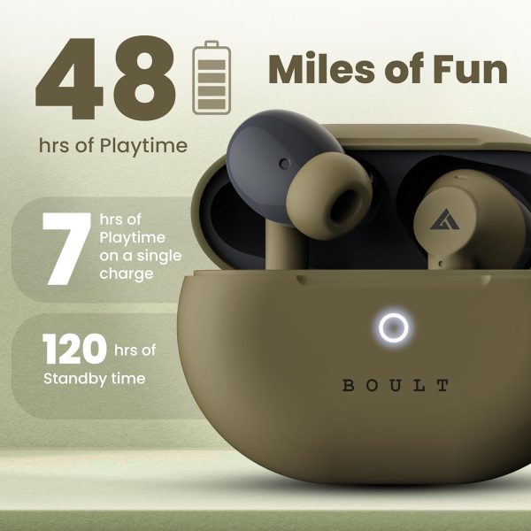 Boult Audio K40 True Wireless in Ear Earbuds with 48H Playtime, Clear Calling 4 Mics, 45ms Low Latency Gaming, Premium Grip, 13mm Bass Drivers, Type-C Fast Charging, BTv 5.3 Ear Buds TWS (Khaki Green)