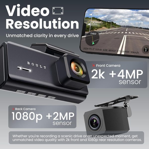 Boult Cruisecam X3 Dashcam 2K+4MP & 1080p+2MP Recording | 3.7" Touch Screen | 145° Wide Angle | App Control | Night Vision | Supercapacitor | G-Sensor| Easy DIY Dual Dash Camera for Car Front and Rear