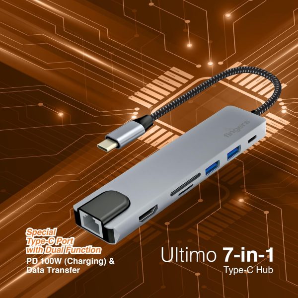 FINGERS Ultimo 7-in-1 Type-C USB Hub (2 x USB 3.0 + HDMI + Ethernet Giga LAN 10/100/1000M + USB Type-C (PD Charging up to 100 W & Data Transfer) + Micro SD Card + SD Card) - Space Grey