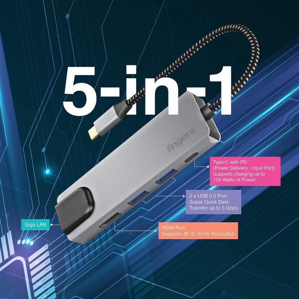 FINGERS UltimoDock 5-in-1 Type-C USB Hub (2 x USB 3.0, HDMI, Giga LAN, USB Type-C with PD Charging)