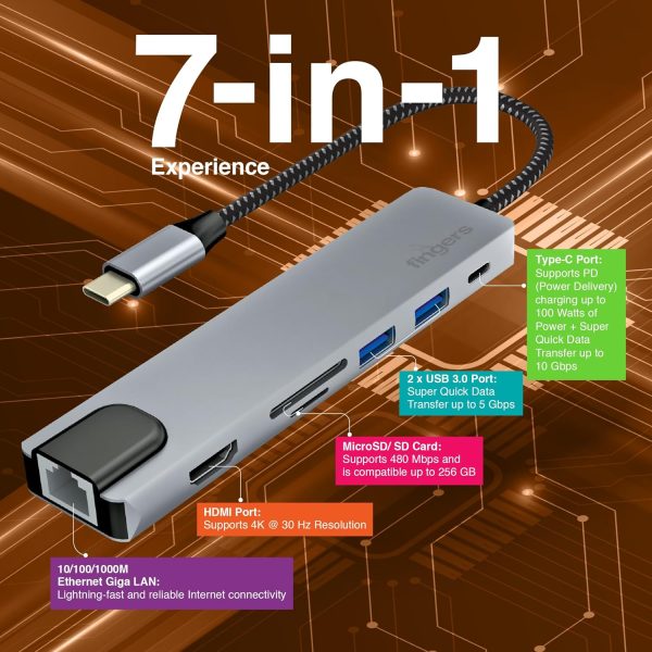 FINGERS Ultimo 7-in-1 Type-C USB Hub (2 x USB 3.0 + HDMI + Ethernet Giga LAN 10/100/1000M + USB Type-C (PD Charging up to 100 W & Data Transfer) + Micro SD Card + SD Card) - Space Grey