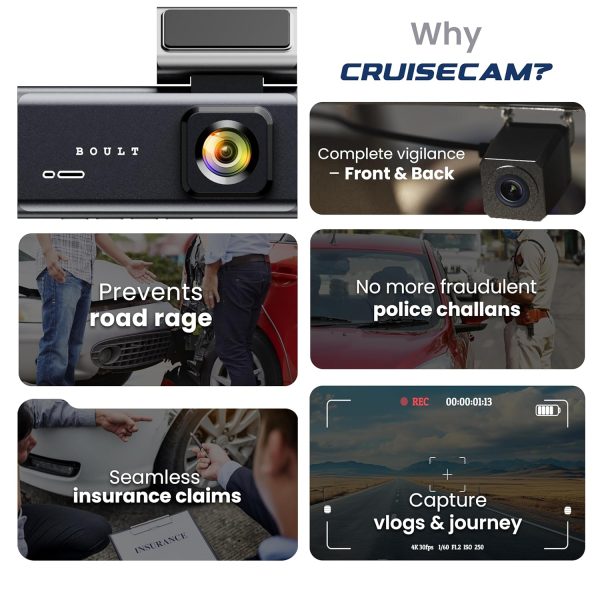 Boult Cruisecam X3 Dashcam 2K+4MP & 1080p+2MP Recording | 3.7" Touch Screen | 145° Wide Angle | App Control | Night Vision | Supercapacitor | G-Sensor| Easy DIY Dual Dash Camera for Car Front and Rear