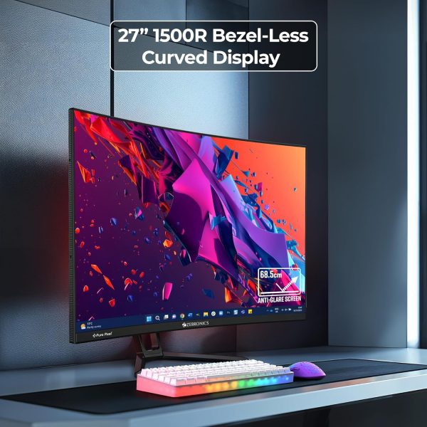 ZEBRONICS New Launch N27B 27"(68.5 cm) 1500R Curved Gaming Monitor, FHD 1920x1080, Antiglare Display, 300Nits, 180Hz, 1ms MPRT, HDR10, 99% sRGB, Adaptive Sync, 1 x DP | 1 x HDMI | 1 x 3.5mm