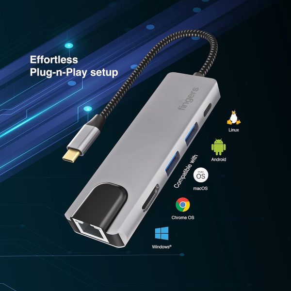 FINGERS UltimoDock 5-in-1 Type-C USB Hub (2 x USB 3.0, HDMI, Giga LAN, USB Type-C with PD Charging)