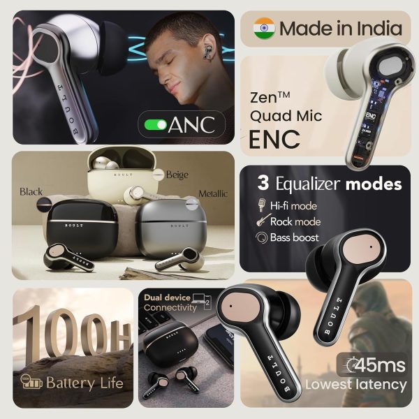 Boult Z40 Ultra ANC in Ear Earbuds with 100H Playtime, Dual Device Pairing, 32dB Active Noise Cancellation, 4 Mics Calling, 45ms Low Latency Gaming, Made in India, IPX5 Bluetooth ANC Ear Buds (Black)