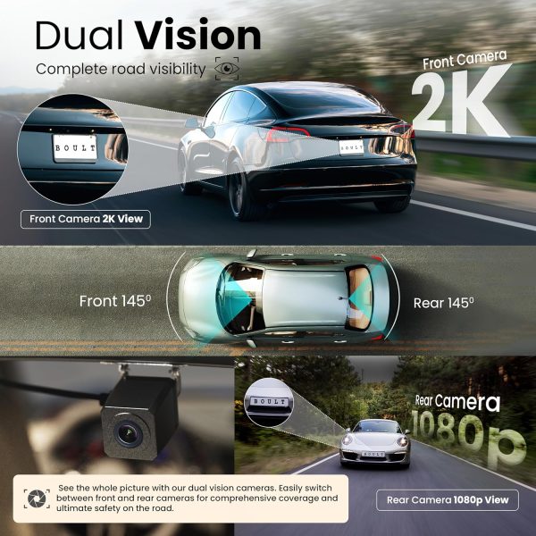 Boult Cruisecam X3 Dashcam 2K+4MP & 1080p+2MP Recording | 3.7" Touch Screen | 145° Wide Angle | App Control | Night Vision | Supercapacitor | G-Sensor| Easy DIY Dual Dash Camera for Car Front and Rear