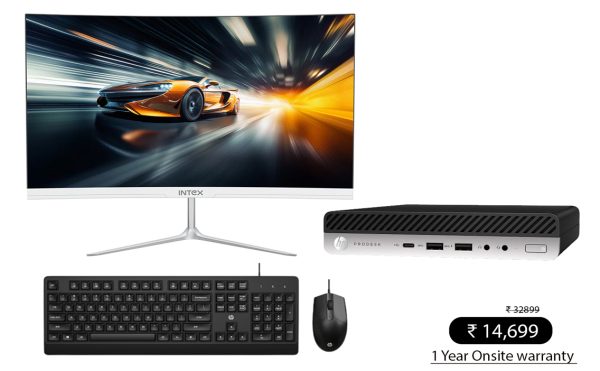 Hp 800 G3 Tiny Desktop i3 6th Generation, 16GB RAM & 512 GB SSD Win 11 Pro, MS Office 360, WIFI , USB 3.0, Ethernet, VGA | 24″ Intex Curved Monitor. HP KM 150 Wired Mouse and Keyboard Combo (1-Year Warranty)