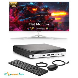 Hp 800 G3 Tiny Desktop i3 6th Generation, 8GB RAM & 256 SSD Win 11 Pro, MS Office 360, WIFI, USB 3.0, Ethernet, VGA | 24″ Intex Monitor. HP KM 150 Wired Mouse and Keyboard Combo (1-Year Warranty)