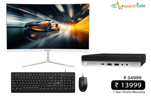 Hp 800 G3 Tiny Desktop i3 6th Generation, 8GB RAM & 256 GB SSD Win 11 Pro, MS Office 360, WIFI , USB 3.0, Ethernet, VGA | 24" Intex Curved Monitor. HP KM 180 Wired Mouse and Keyboard Combo (1-Year Warranty)