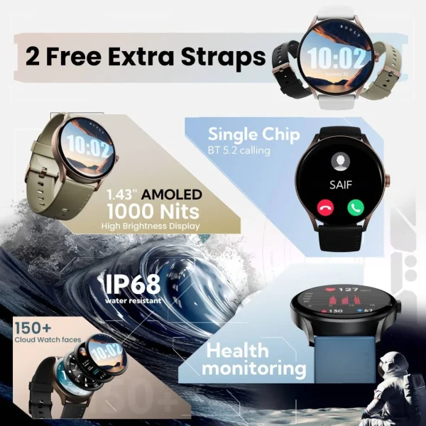 Boult Rover Pro 1.43" AMOLED, BT Calling, 1000Nits Brightness, Free Straps, SpO2, IP68 Smartwatch (Regal Strap, Free Size)