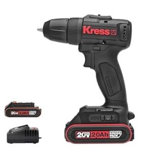 KRESS Brushless Motor 10mm 20V-Li ion Cordless Hammer Drill Driver with 2.0 Ah Batteries & Drill Bit Set with Portable Carry Bag