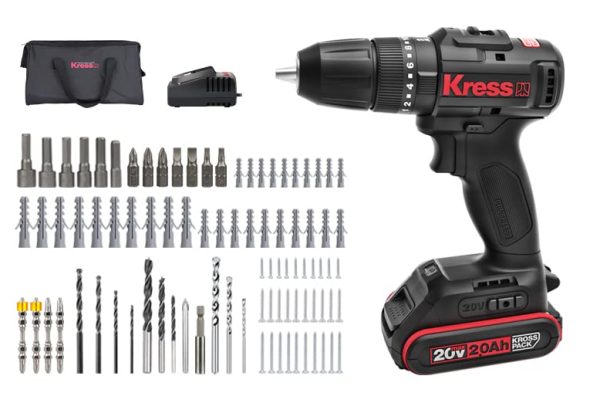 KROST Kress 20V 10mm Brushless Compact Hammer Drill Driver KU365.1 With Assorted Drill Bits Set