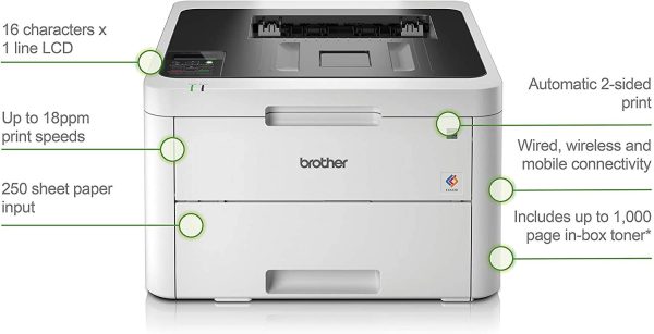 BROTHER HL-L3230CDW Colour LED Laser Printer with automatic 2-sided printing and wireless connectivity. 24ppm Mono and Colour, 250 sheets capacity