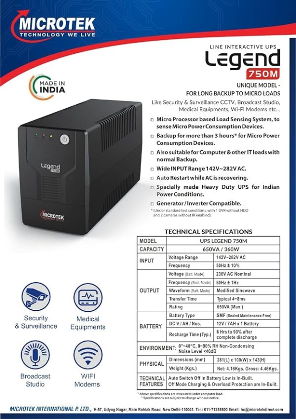 Microtek UPS Legend 750M ID2 230VAC/360W UPS System Power Backup & Protection for Home Office, Desktop PC & Shops