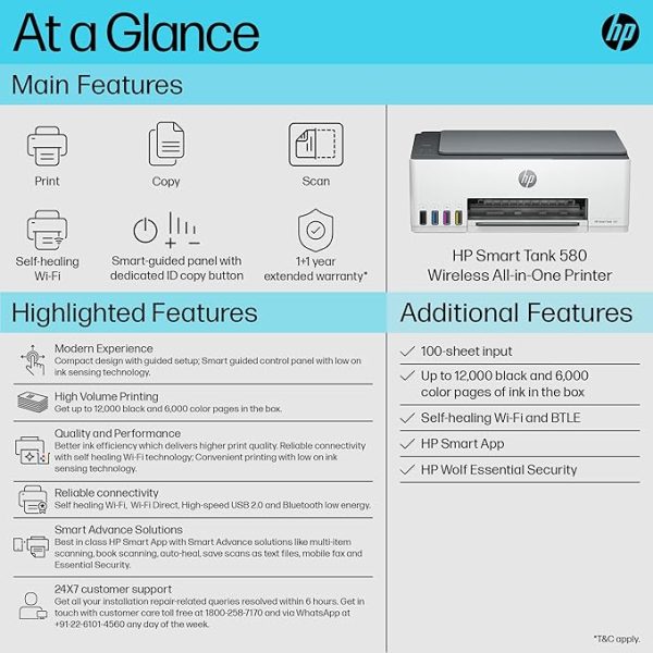 HP Smart Tank 580 Aio WiFi Colour Wireless Solid Ink Printers with 1 Extra Black Ink Bottle (Upto 8000 Black & 6000 Colour Prints) + 1 Year Extended Warranty with PHA Coverage -Print, Scan & Copy