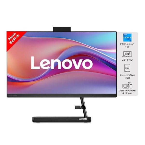 Lenovo IdeaCentre AIO 3 Intel Celeron 7305 22" FHD IPS 3-Side Edgeless All-in-One Desktop with Alexa Built-in (8GB/512GB SSD/Win11/HD 720p Camera/USB Wired Keyboard & Mouse), F0GG0061IN